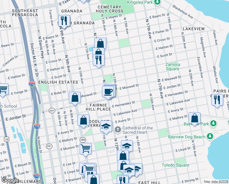 map of restaurants, bars, coffee shops, grocery stores, and more near 1240 East Jordan Street in Pensacola