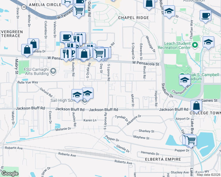 map of restaurants, bars, coffee shops, grocery stores, and more near 303 South Lipona Road in Tallahassee