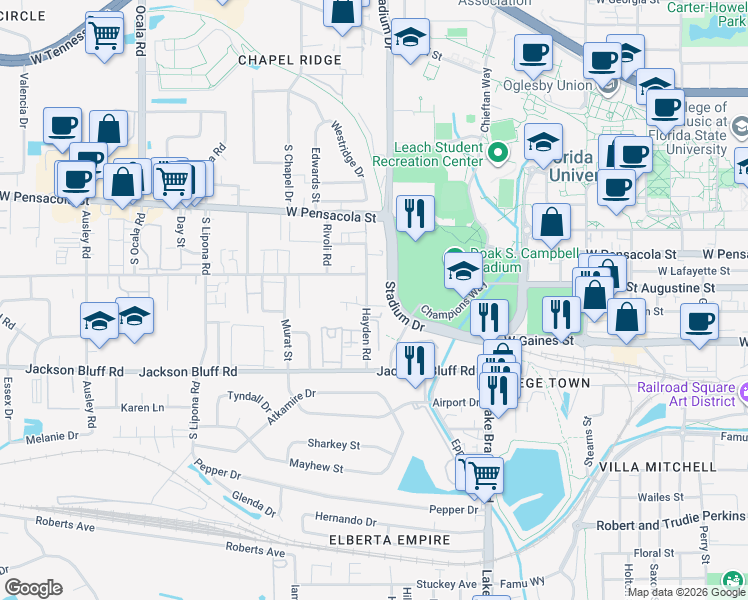 map of restaurants, bars, coffee shops, grocery stores, and more near 322 Hayden Road in Tallahassee