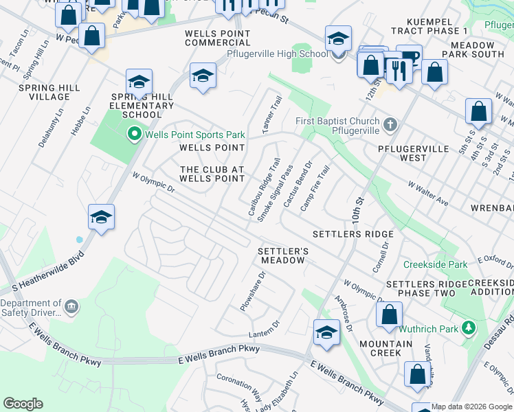 map of restaurants, bars, coffee shops, grocery stores, and more near 819 Caribou Ridge Trail in Pflugerville
