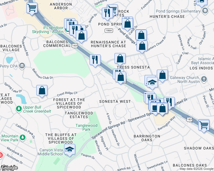 map of restaurants, bars, coffee shops, grocery stores, and more near 8518 Fathom Circle in Austin