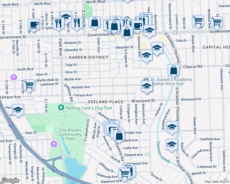 map of restaurants, bars, coffee shops, grocery stores, and more near 2546 Terrace Avenue in Baton Rouge
