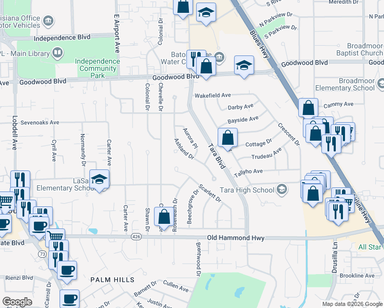 map of restaurants, bars, coffee shops, grocery stores, and more near 1270 Ashland Drive in Baton Rouge
