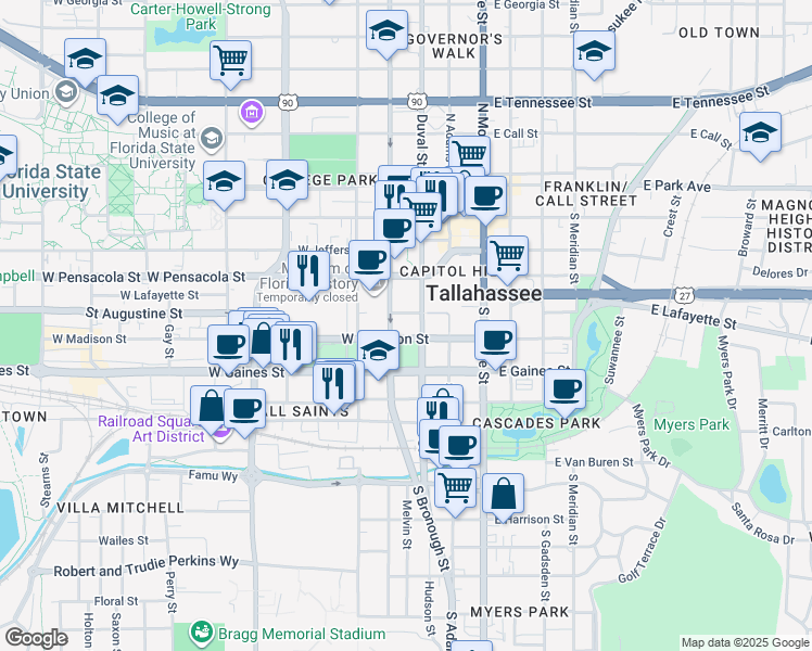 map of restaurants, bars, coffee shops, grocery stores, and more near 622 South Duval Street in Tallahassee