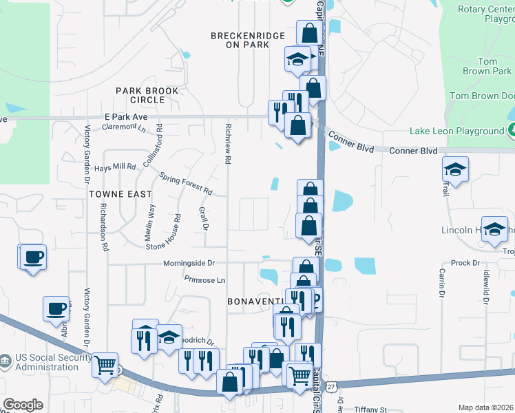map of restaurants, bars, coffee shops, grocery stores, and more near 425 High Point Lane in Tallahassee