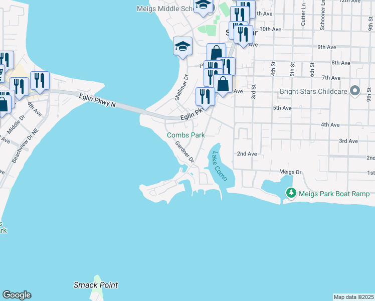 map of restaurants, bars, coffee shops, grocery stores, and more near 18 Gardner Drive in Shalimar