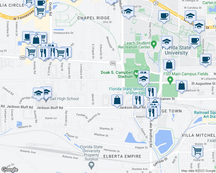 map of restaurants, bars, coffee shops, grocery stores, and more near 346 Hayden Road in Tallahassee