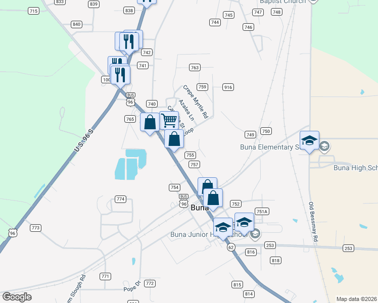 map of restaurants, bars, coffee shops, grocery stores, and more near 129 County Road 757 in Buna