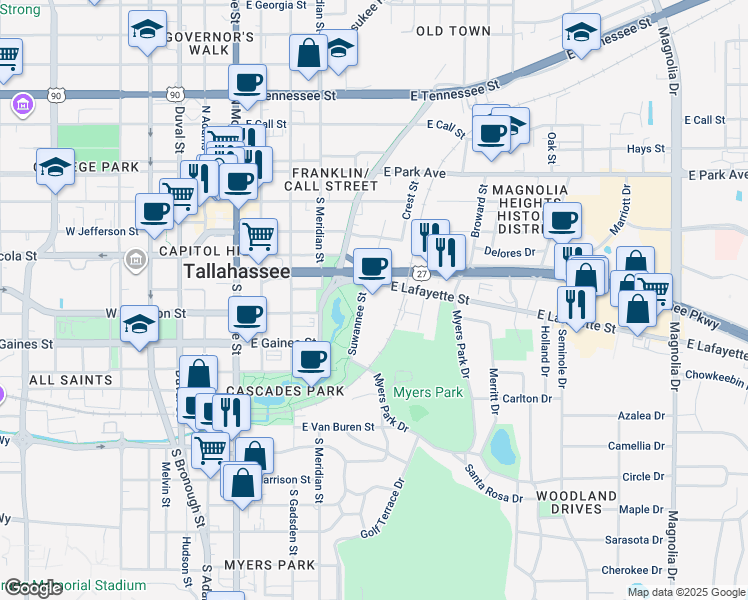 map of restaurants, bars, coffee shops, grocery stores, and more near 605 Suwannee Street in Tallahassee