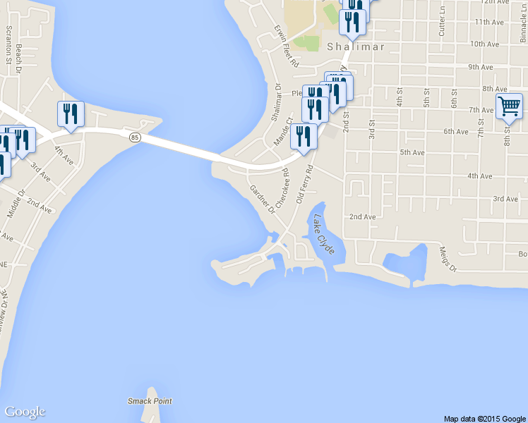 map of restaurants, bars, coffee shops, grocery stores, and more near 139 Gardner Drive in Shalimar
