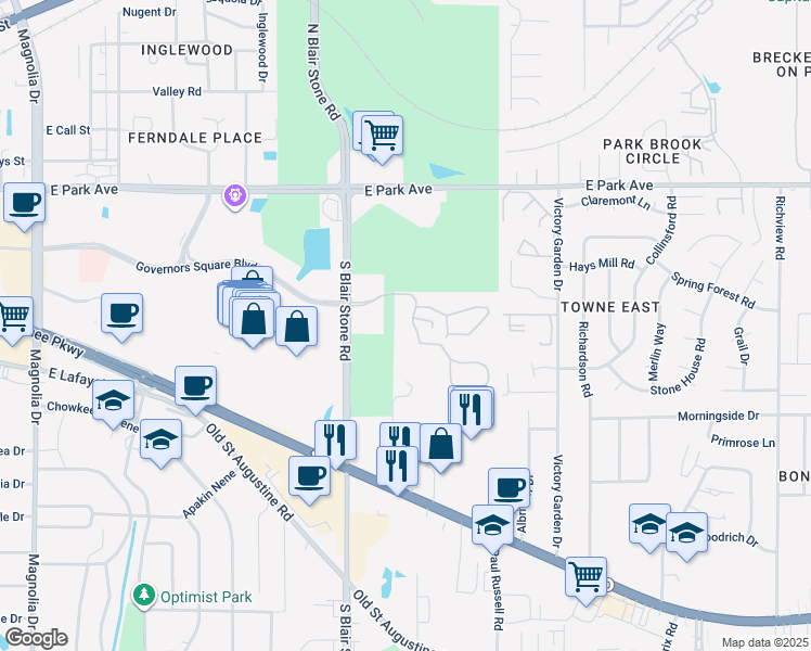 map of restaurants, bars, coffee shops, grocery stores, and more near 501 South Blair Stone Road in Tallahassee