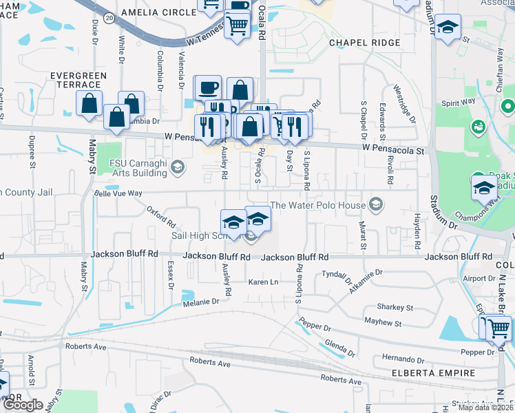 map of restaurants, bars, coffee shops, grocery stores, and more near 2001 Belle Vue Way in Tallahassee
