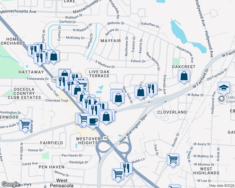 map of restaurants, bars, coffee shops, grocery stores, and more near 103 Tennessee Drive in Pensacola