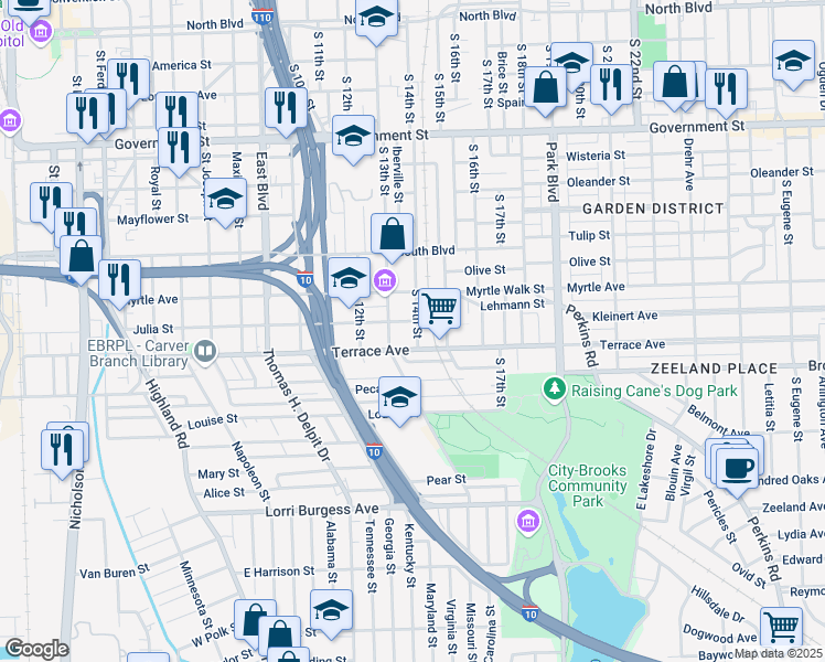 map of restaurants, bars, coffee shops, grocery stores, and more near 1254 South 14th Street in Baton Rouge