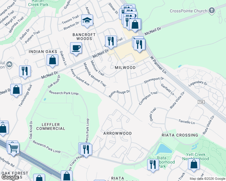 map of restaurants, bars, coffee shops, grocery stores, and more near 12706 La Salle Drive in Austin