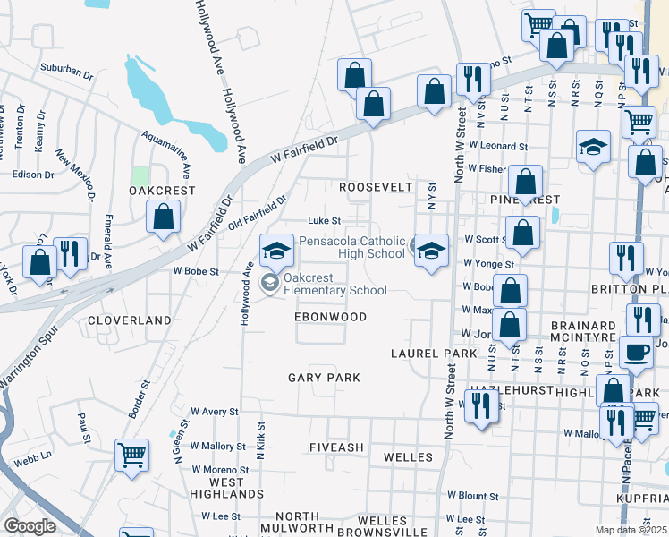 map of restaurants, bars, coffee shops, grocery stores, and more near 3405 West Yonge Street in Pensacola