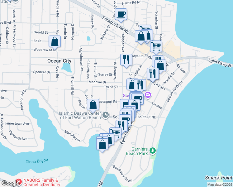 map of restaurants, bars, coffee shops, grocery stores, and more near 105 Davenport Road in Fort Walton Beach