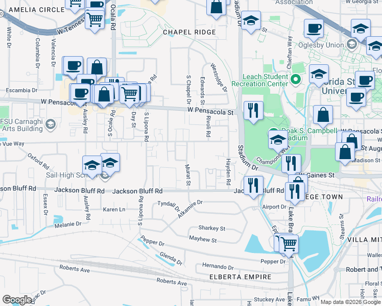 map of restaurants, bars, coffee shops, grocery stores, and more near 312 Mayo Street in Tallahassee