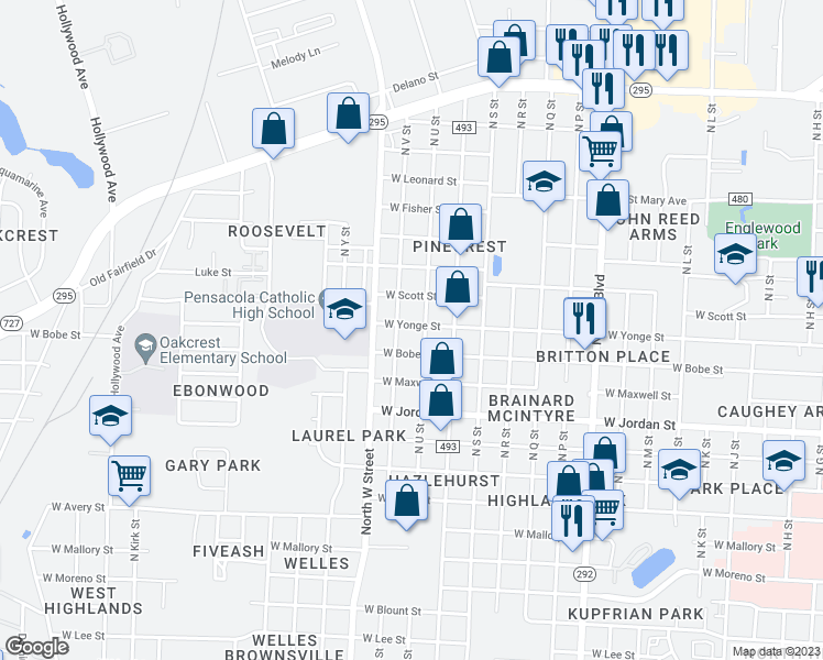 map of restaurants, bars, coffee shops, grocery stores, and more near 2715 West Yonge Street in Pensacola