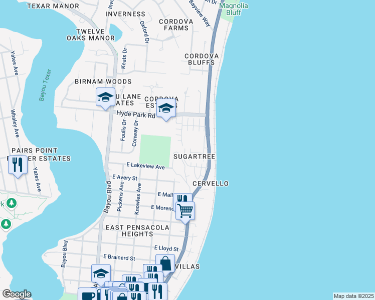 map of restaurants, bars, coffee shops, grocery stores, and more near 2307 Sugartree Court in Pensacola