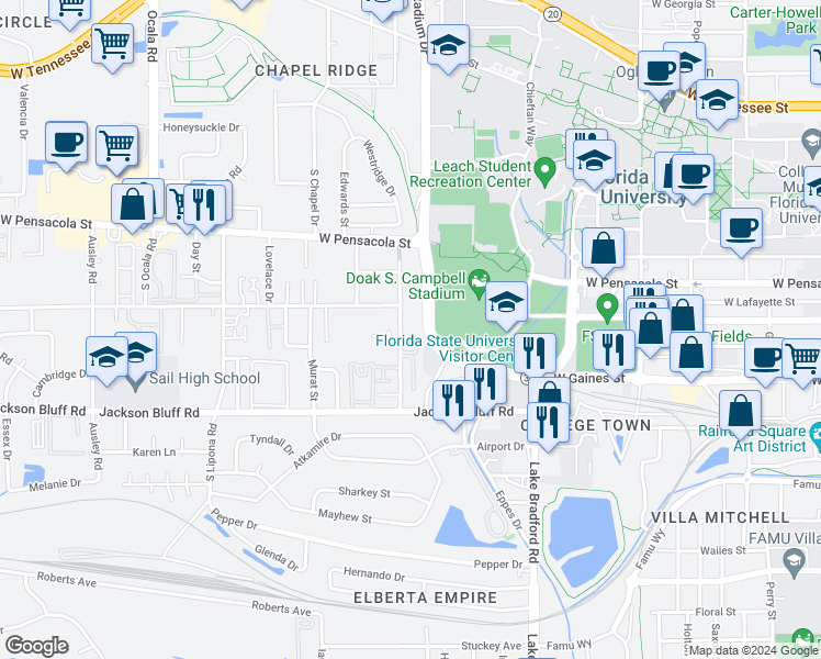 map of restaurants, bars, coffee shops, grocery stores, and more near 311 Hayden Road in Tallahassee