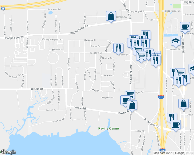 map of restaurants, bars, coffee shops, grocery stores, and more near 352 Annette Lane in D'Iberville