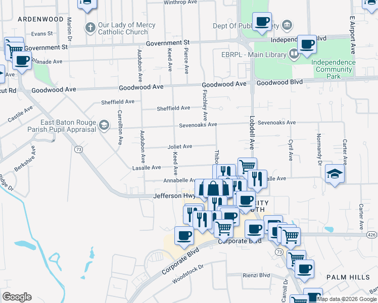 map of restaurants, bars, coffee shops, grocery stores, and more near 7111 Lasalle Avenue in Baton Rouge