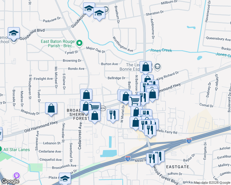 map of restaurants, bars, coffee shops, grocery stores, and more near 1869 Stonegate Court in Baton Rouge