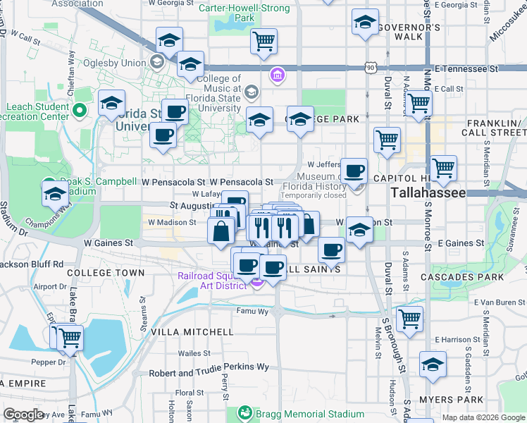 map of restaurants, bars, coffee shops, grocery stores, and more near 601 South Copeland Street in Tallahassee