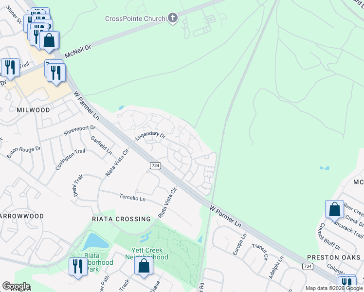 map of restaurants, bars, coffee shops, grocery stores, and more near 13208 Legendary Drive in Austin