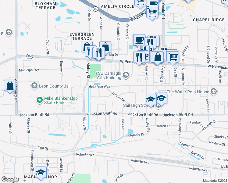 map of restaurants, bars, coffee shops, grocery stores, and more near 2301 Oxford Road in Tallahassee