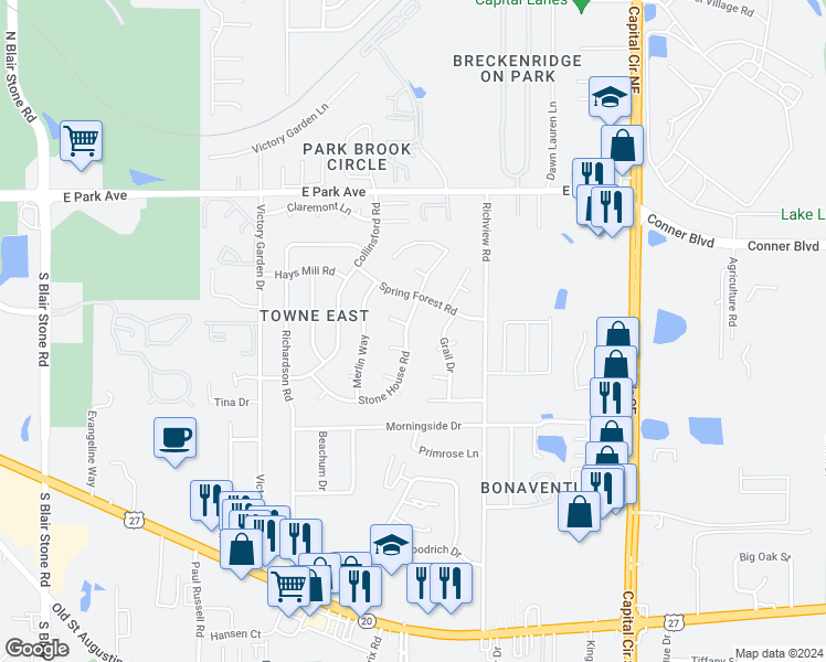 map of restaurants, bars, coffee shops, grocery stores, and more near 419 Stone House Road in Tallahassee