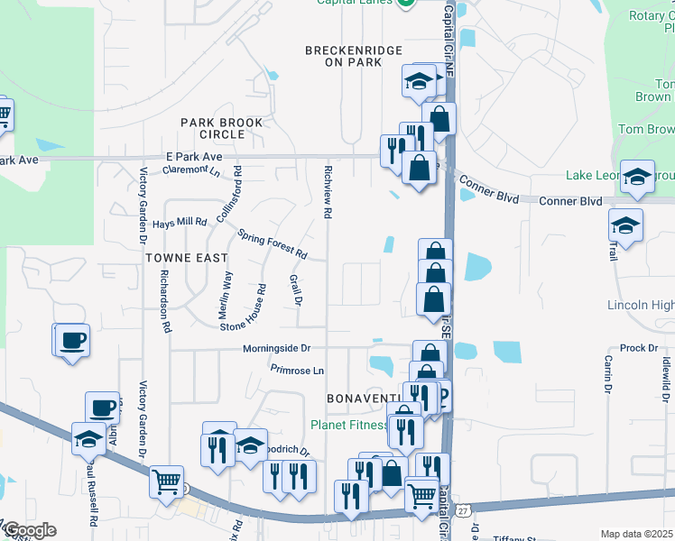 map of restaurants, bars, coffee shops, grocery stores, and more near 448 Richview Park Circle West in Tallahassee