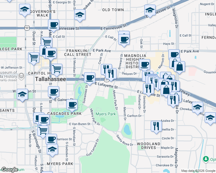 map of restaurants, bars, coffee shops, grocery stores, and more near 1017 Myers Park Drive in Tallahassee