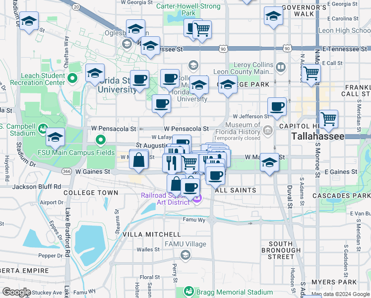 map of restaurants, bars, coffee shops, grocery stores, and more near in Tallahassee