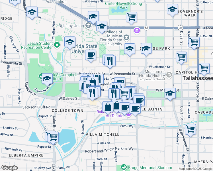 map of restaurants, bars, coffee shops, grocery stores, and more near 724 West Madison Street in Tallahassee