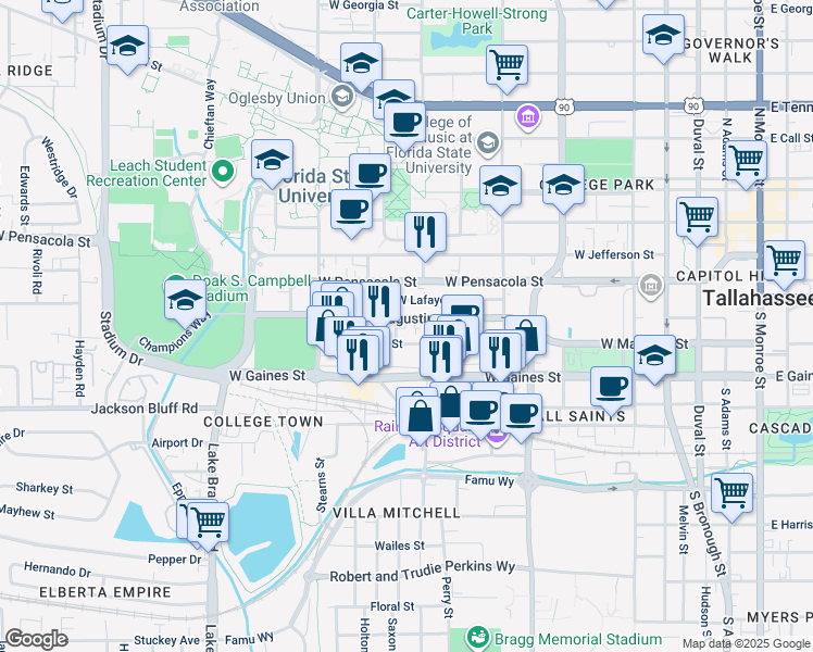 map of restaurants, bars, coffee shops, grocery stores, and more near 724 West Madison Street in Tallahassee