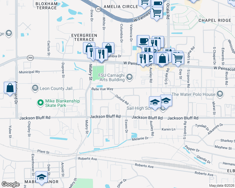 map of restaurants, bars, coffee shops, grocery stores, and more near 2301 Oxford Road in Tallahassee