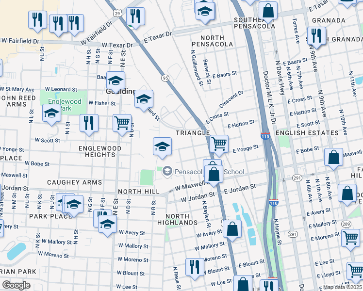 map of restaurants, bars, coffee shops, grocery stores, and more near 2408 North Spring Street in Pensacola