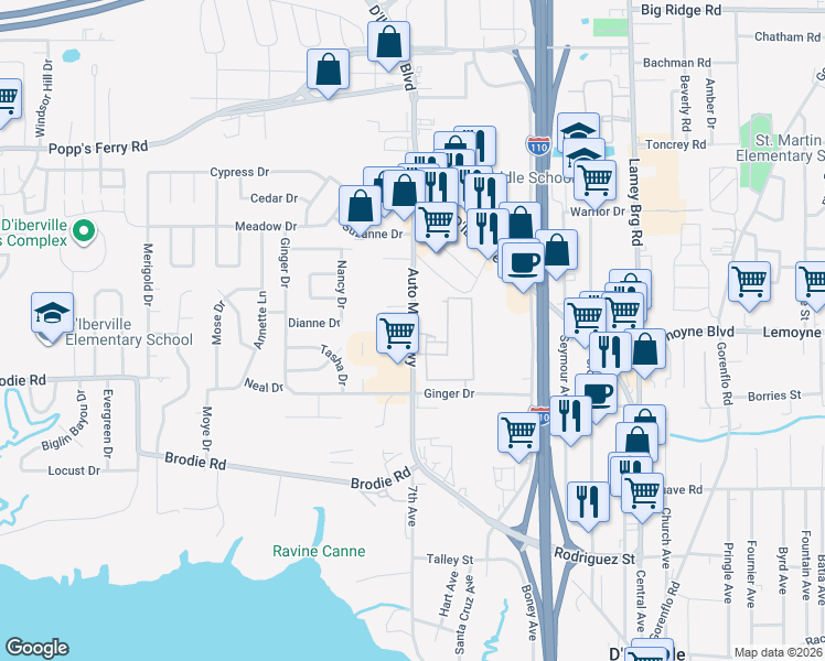 map of restaurants, bars, coffee shops, grocery stores, and more near 10480 Auto Mall Parkway in D'Iberville
