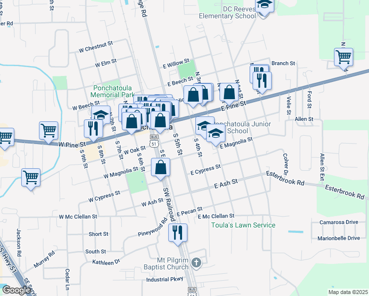map of restaurants, bars, coffee shops, grocery stores, and more near 225 East Magnolia Street in Ponchatoula