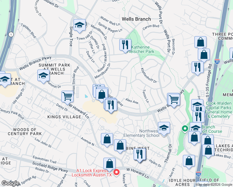 map of restaurants, bars, coffee shops, grocery stores, and more near 2016 Alex Avenue in Austin