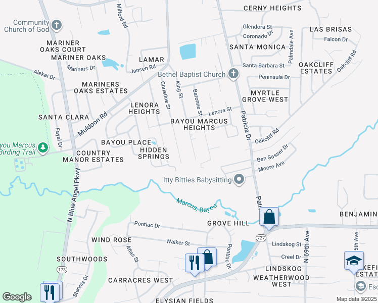map of restaurants, bars, coffee shops, grocery stores, and more near 2787 King Street in Pensacola