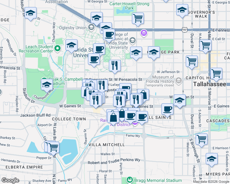 map of restaurants, bars, coffee shops, grocery stores, and more near 724 West Madison Street in Tallahassee