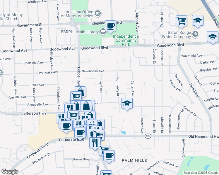 map of restaurants, bars, coffee shops, grocery stores, and more near 1450 Normandy Drive in Baton Rouge