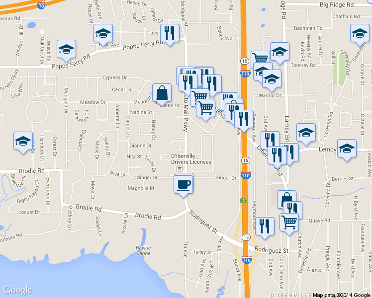 map of restaurants, bars, coffee shops, grocery stores, and more near 10391 Auto Mall Parkway in D'Iberville