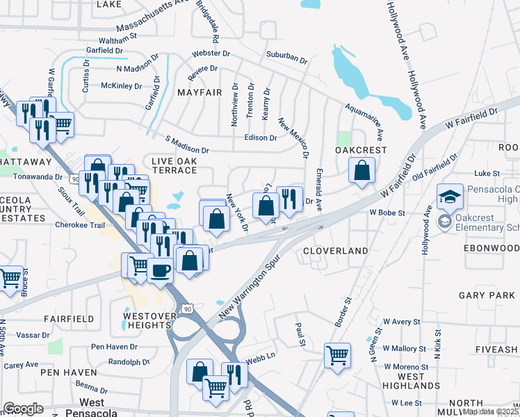 map of restaurants, bars, coffee shops, grocery stores, and more near 211 Tennessee Drive in Pensacola