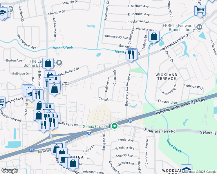 map of restaurants, bars, coffee shops, grocery stores, and more near 1903 Dabney Drive in Baton Rouge