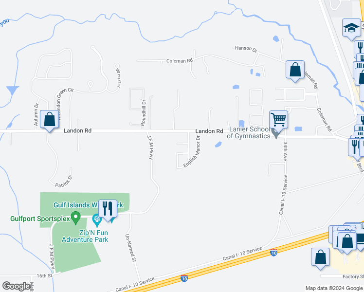 map of restaurants, bars, coffee shops, grocery stores, and more near 16377 Lancaster Cove in Gulfport