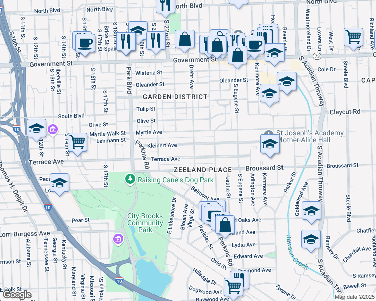 map of restaurants, bars, coffee shops, grocery stores, and more near 2250 Kleinert Avenue in Baton Rouge